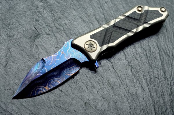 Нож Marfione and Guardian Tactical Exilis, Blue Damascus, Carbon / Titanium